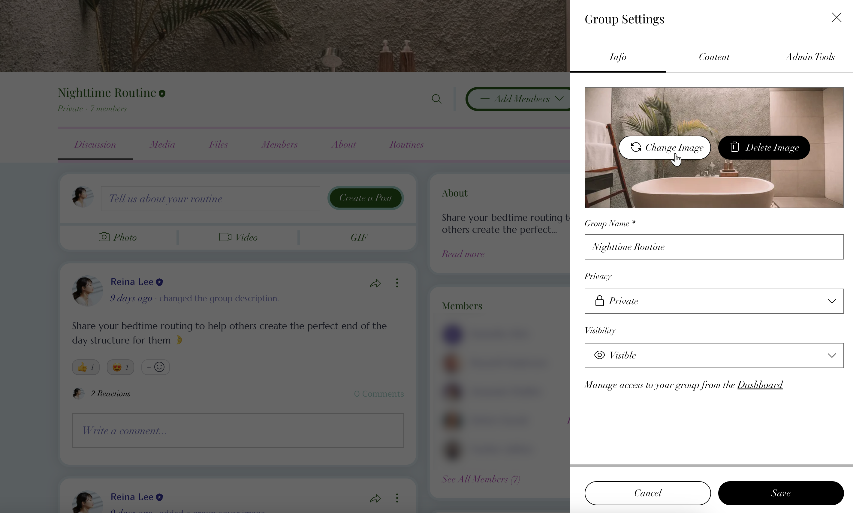 A screenshot of Wix Groups settings on a live site