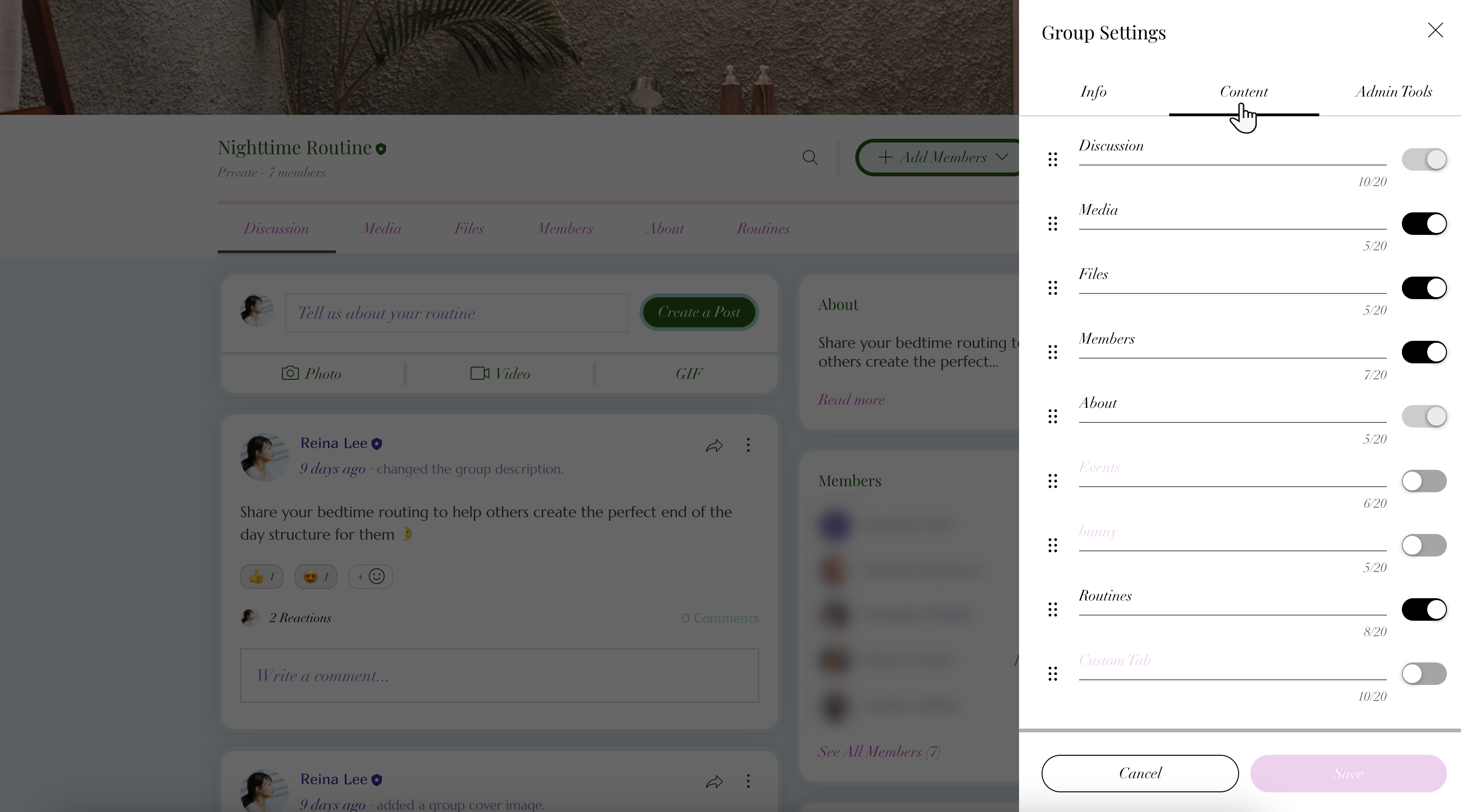 A screenshot of Wix Groups settings and content on a live site