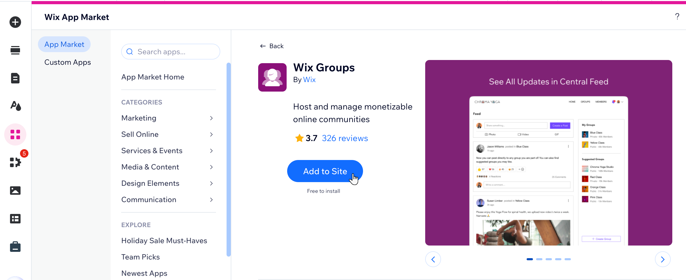 A screenshot of the Wix App Market panel when searching for Wix Groups in the Wix Editor.