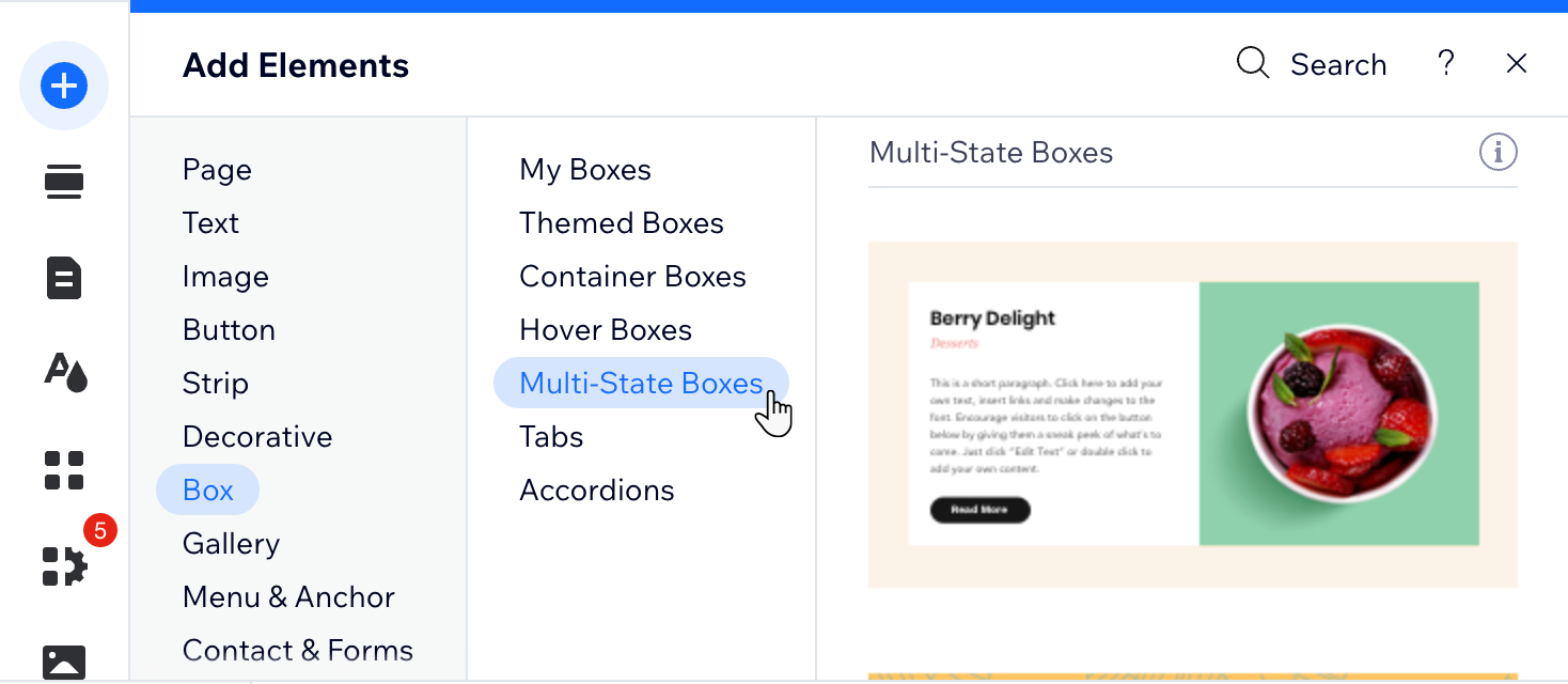 A screenshot from a Wix site adding multi state boxes