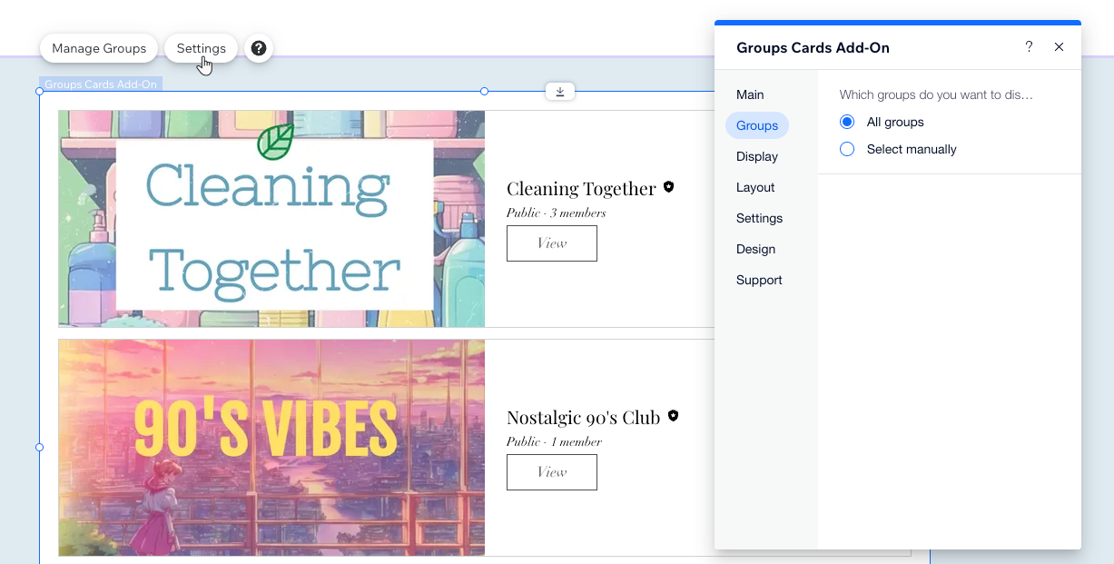 A screenshot of Wix Groups Settings