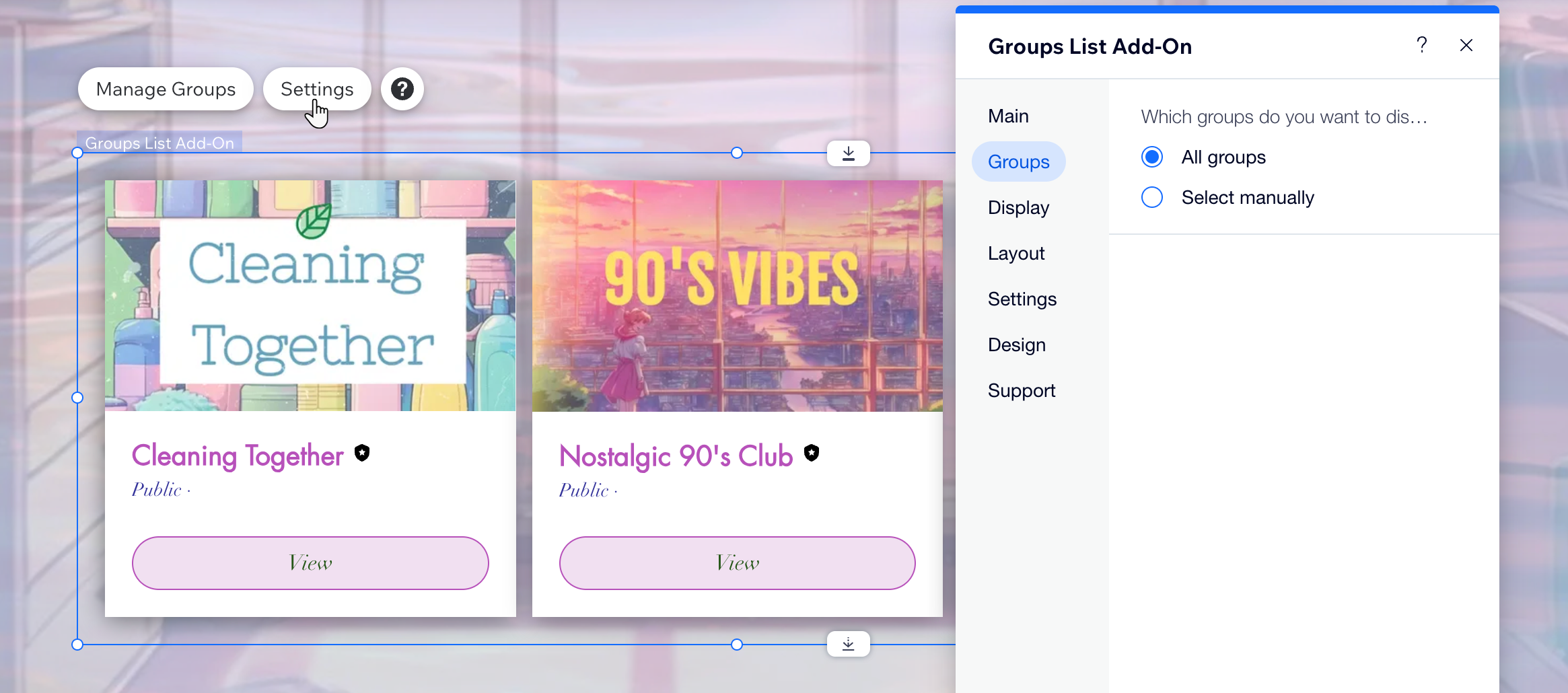 A screenshot of Wix Groups Settings