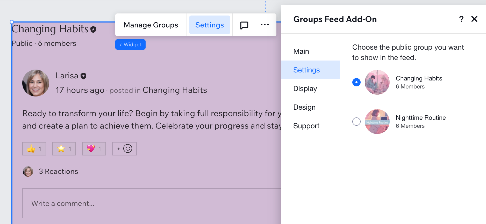 A screenshot of Wix Groups Settings