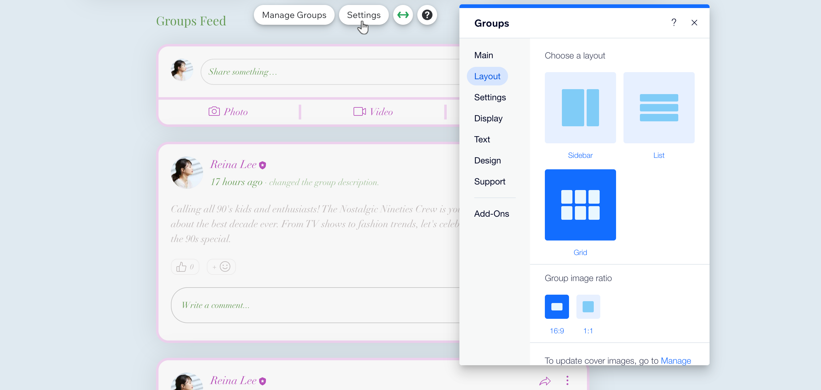 A screenshot of Wix Groups Settings