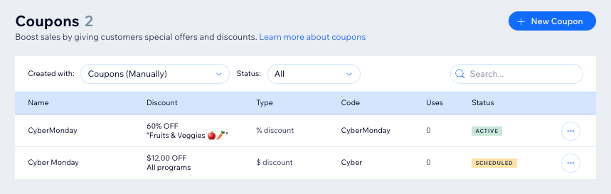 A screenshot of the Wix coupons site dashbord