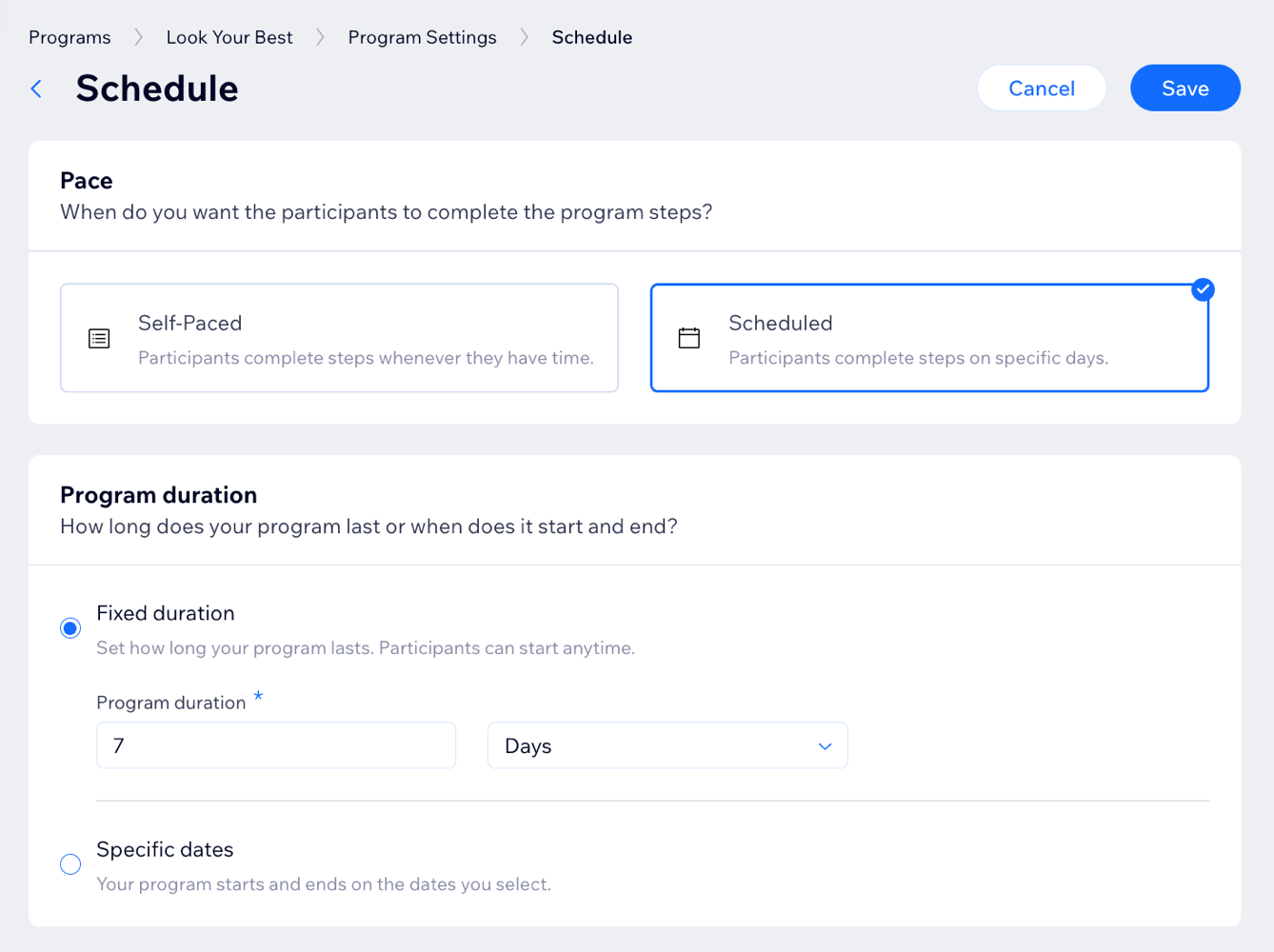 A screenshot of the Schedule panel of an online program.