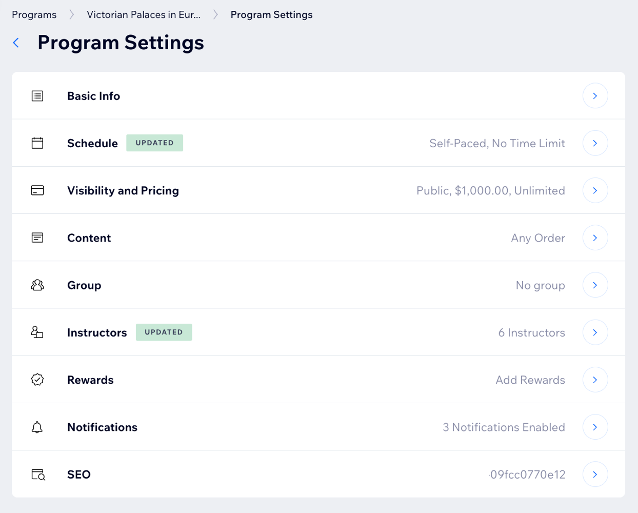 A screenshot of the Program Settings panel for Online Programs in a site's dashboard.