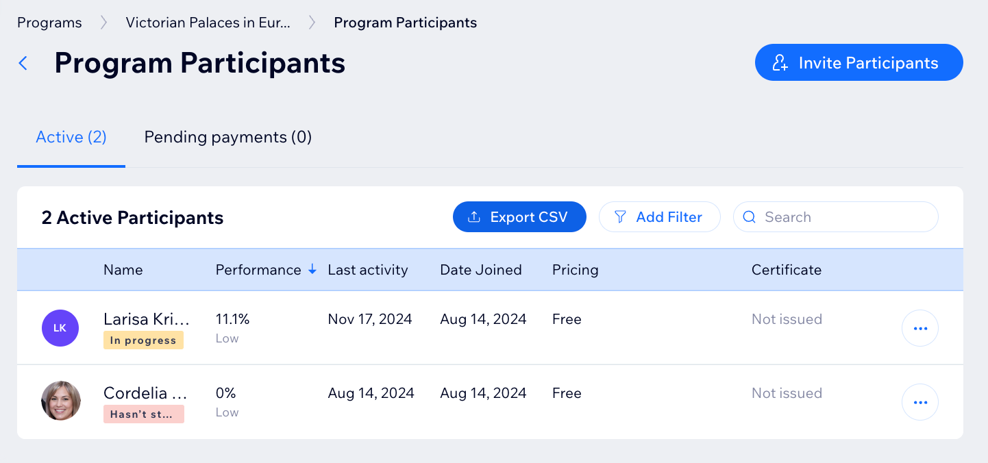 A screenshot of the Wix Online Programs Particiants panel in the site dashbord