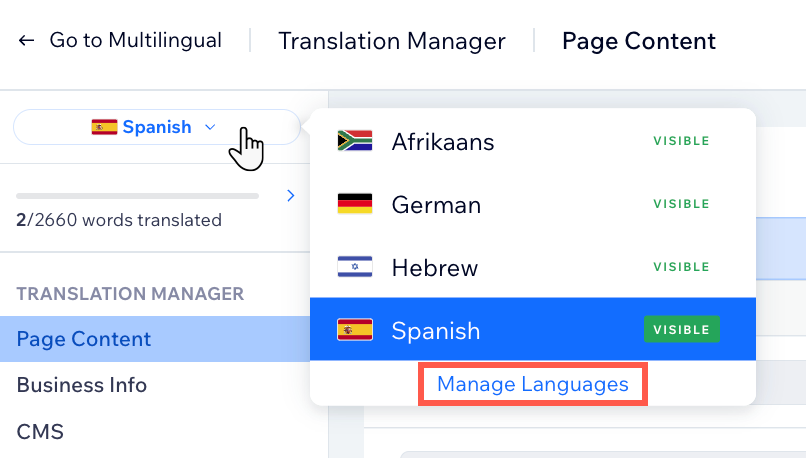 a screenshot of the Wix multilingual translation manager in the site dashboard