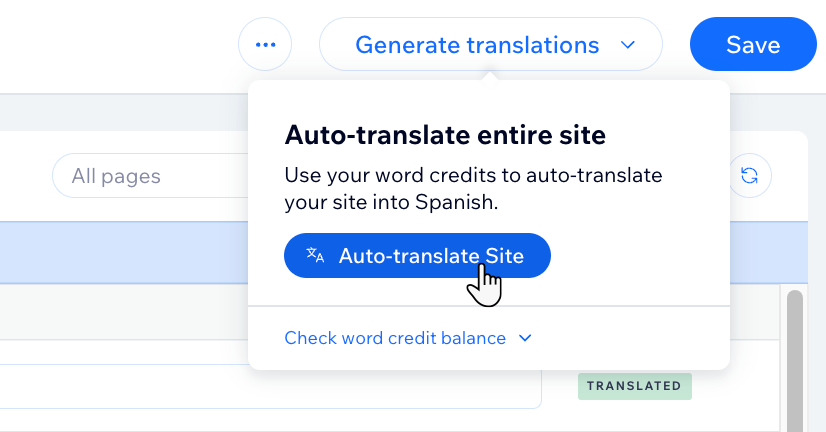 A screenshot of the Wix Multilingual translation manager Machine Translation button