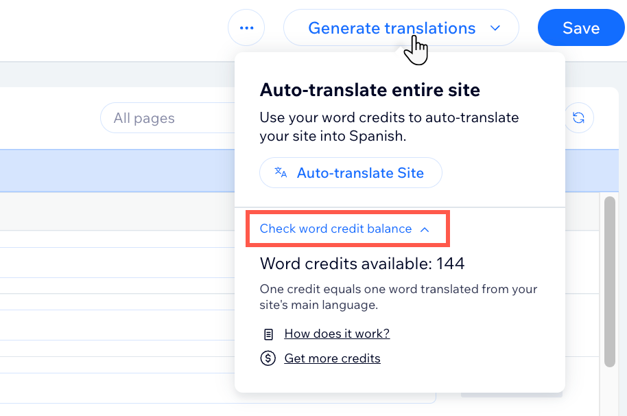 A screenshot of the Wix Multilingual translation manager Machine Translation button