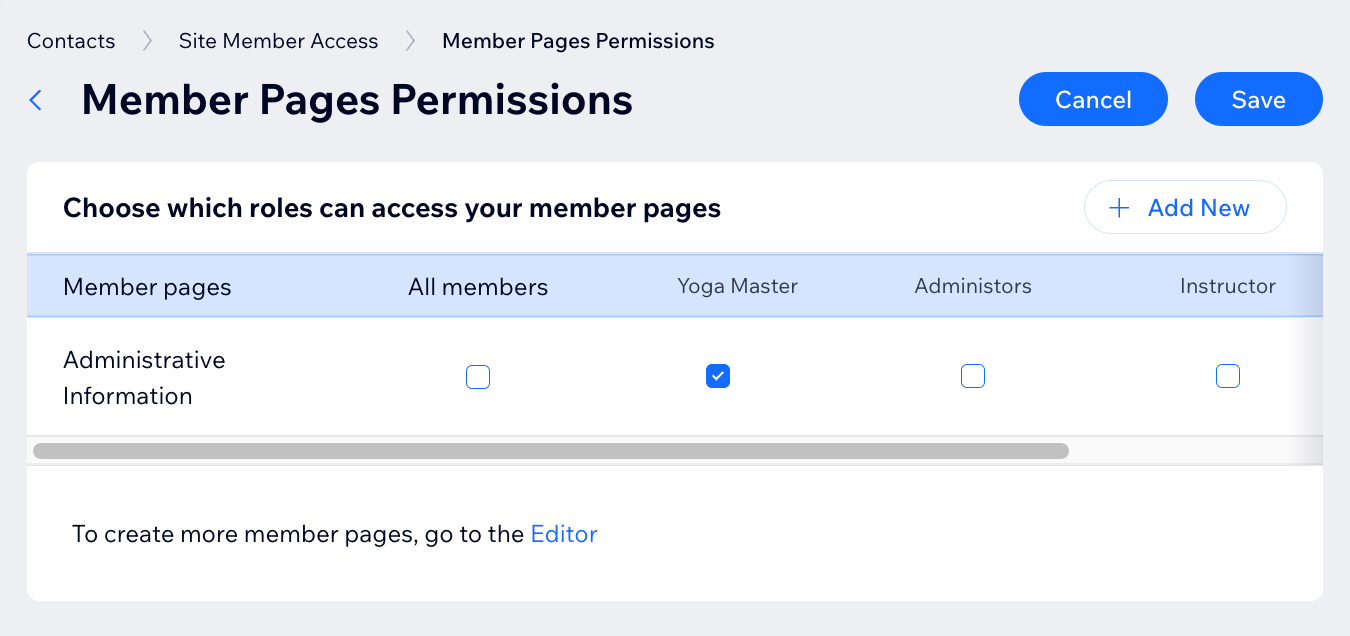 A screenshot of role permissions in the Wix site dashboard