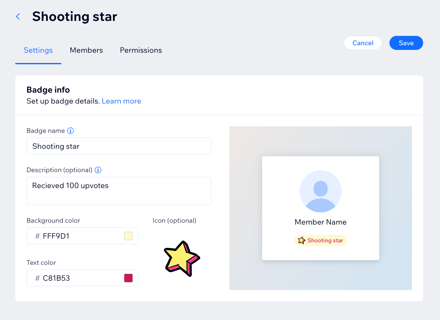 A screenshot of the badges tab in the Wix site dashboard