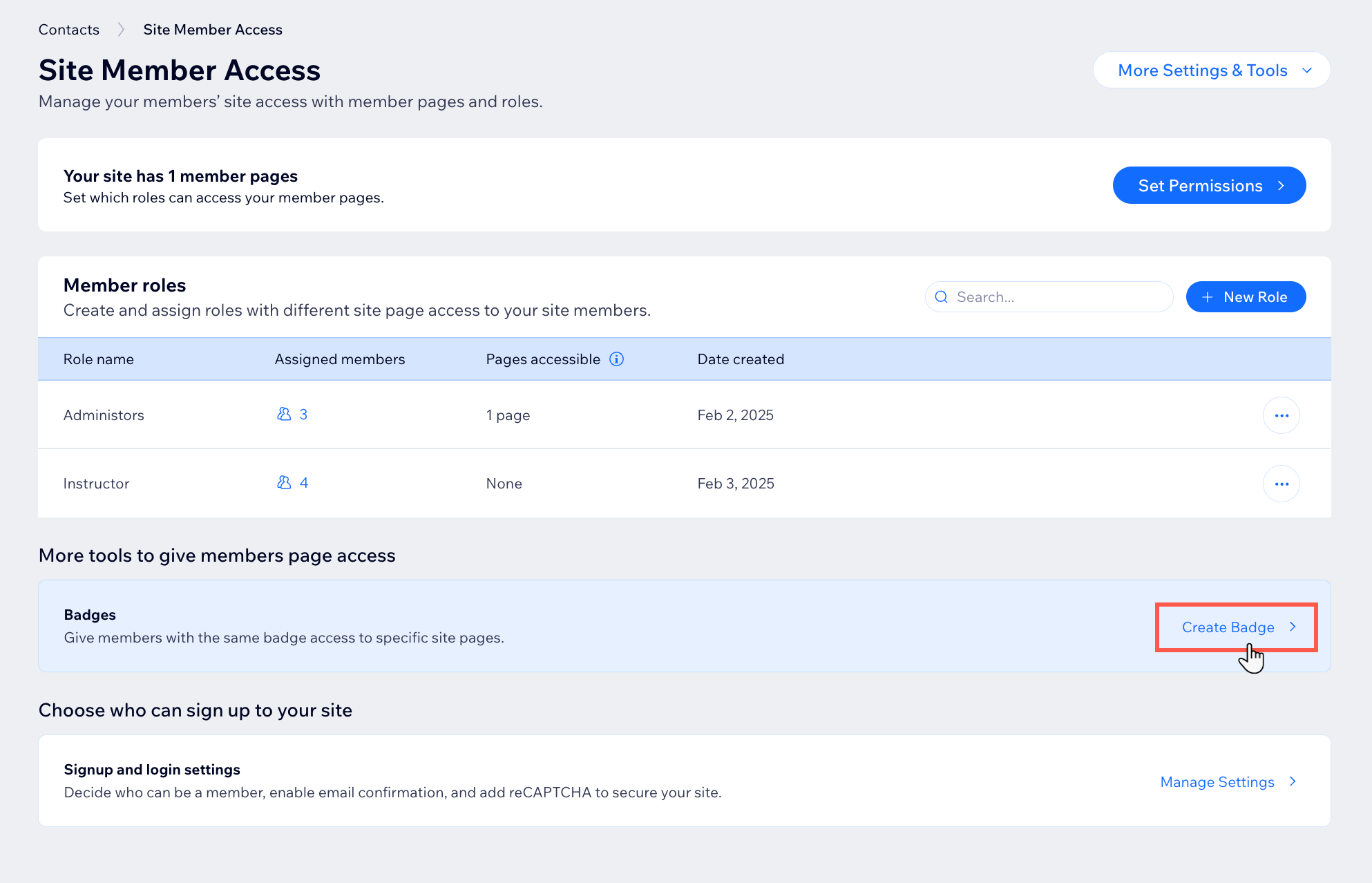 A screenshot of the badges tab in the Wix site dashboard