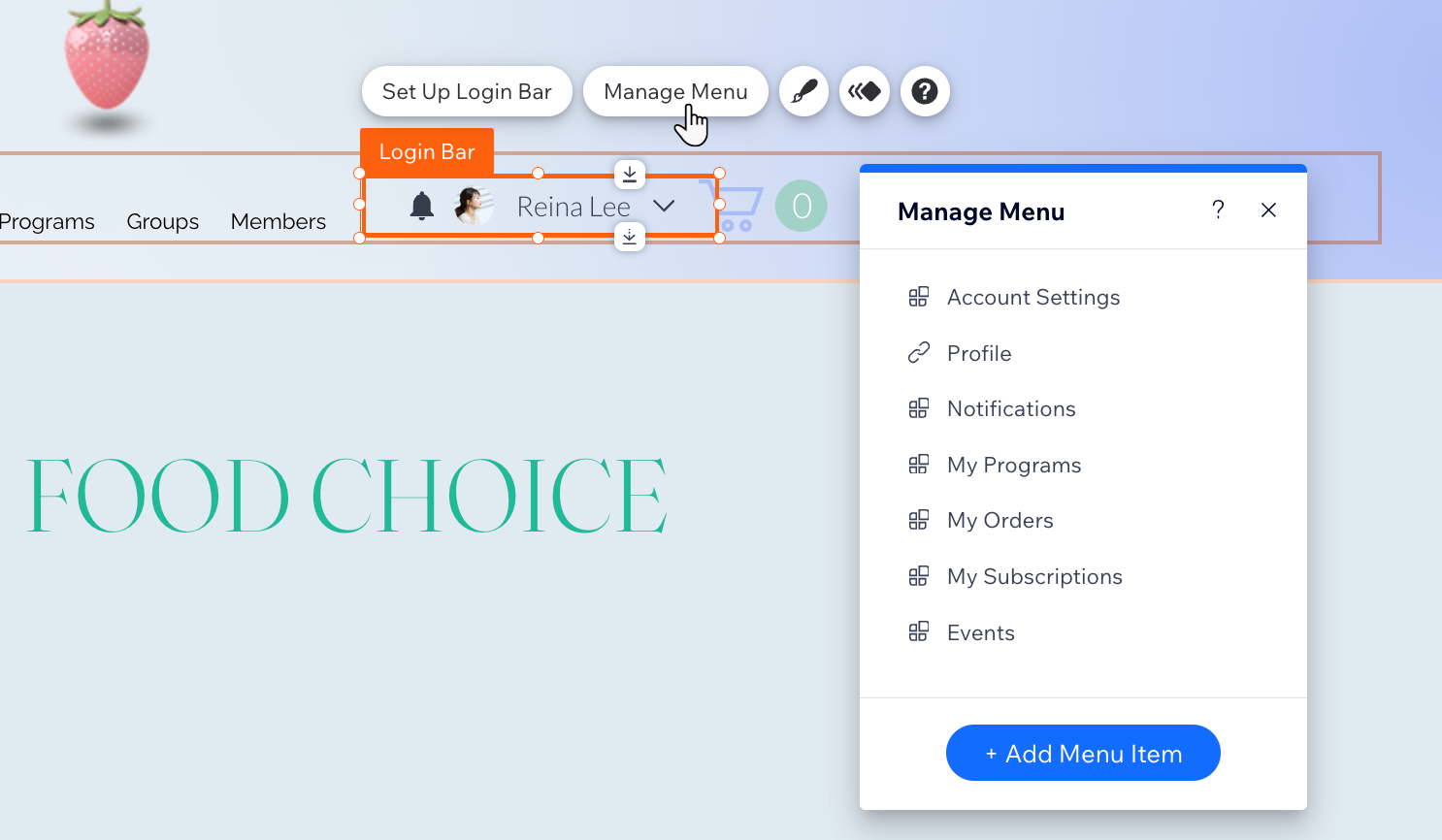 The Manage Menu panel for the Login Bar Menu in Wix Editor