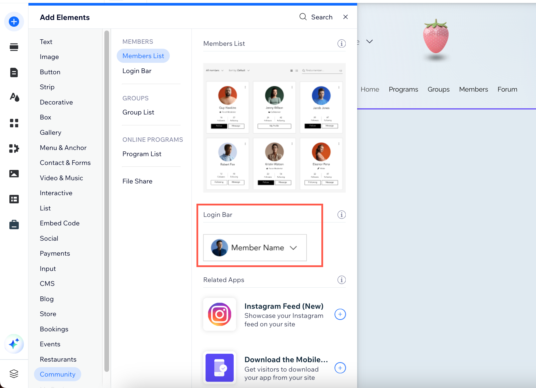 De inlogbalk in het Elementen toevoegen-paneel in de Wix Editor