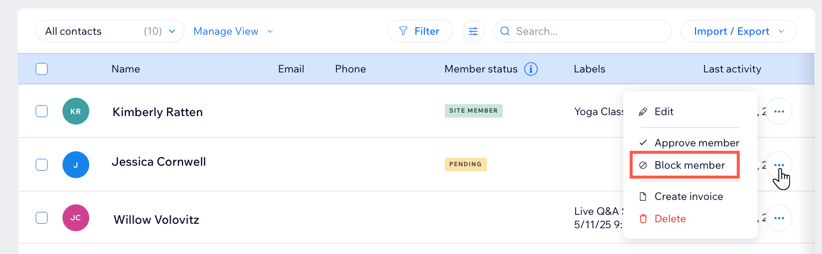 A screenshot of the Wix members dashboard
