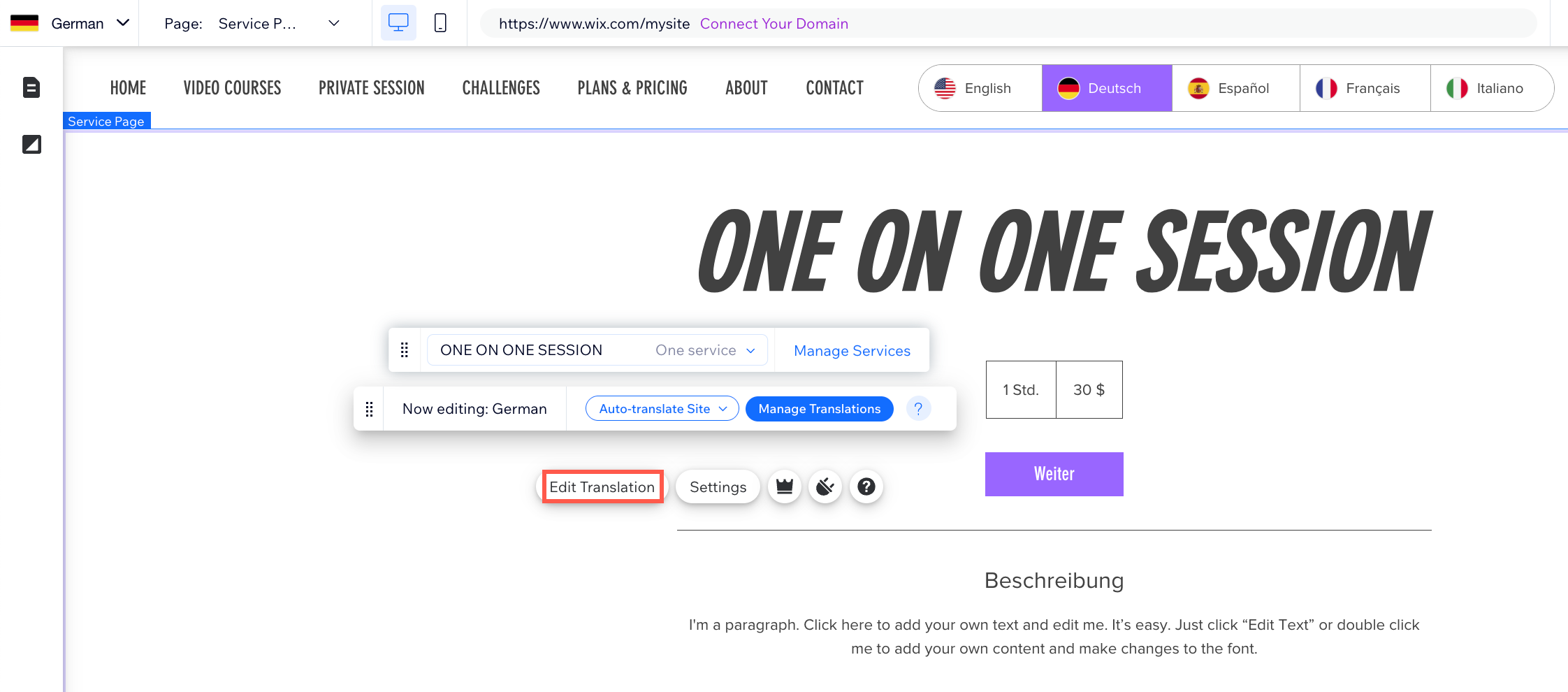 Screenshot dell'Editor di un sito Wix con Wix Bookings e Multilingua