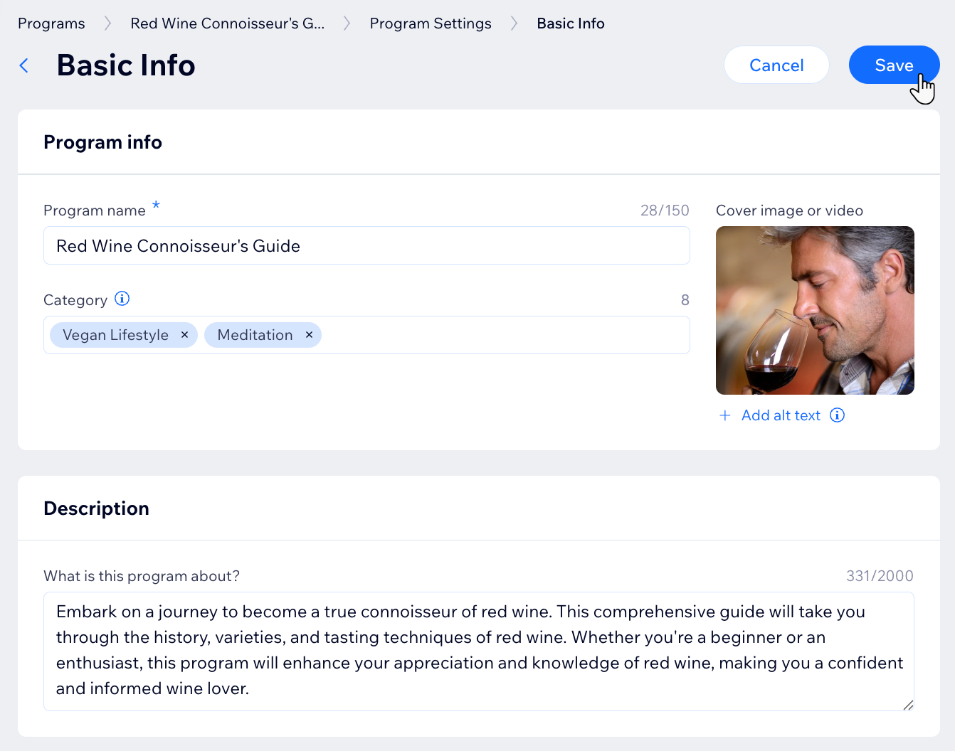 A screenshot of the program's basic info tab in the site dashboard