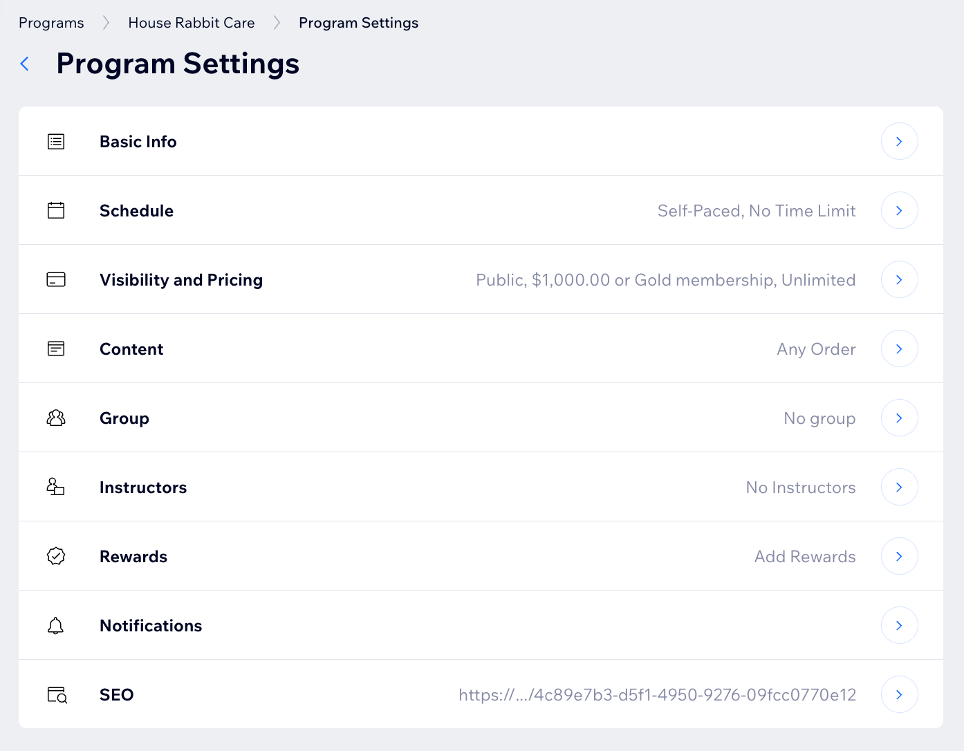 A screenshot of the Program Settings panel for Online Programs in a site's dashboard.