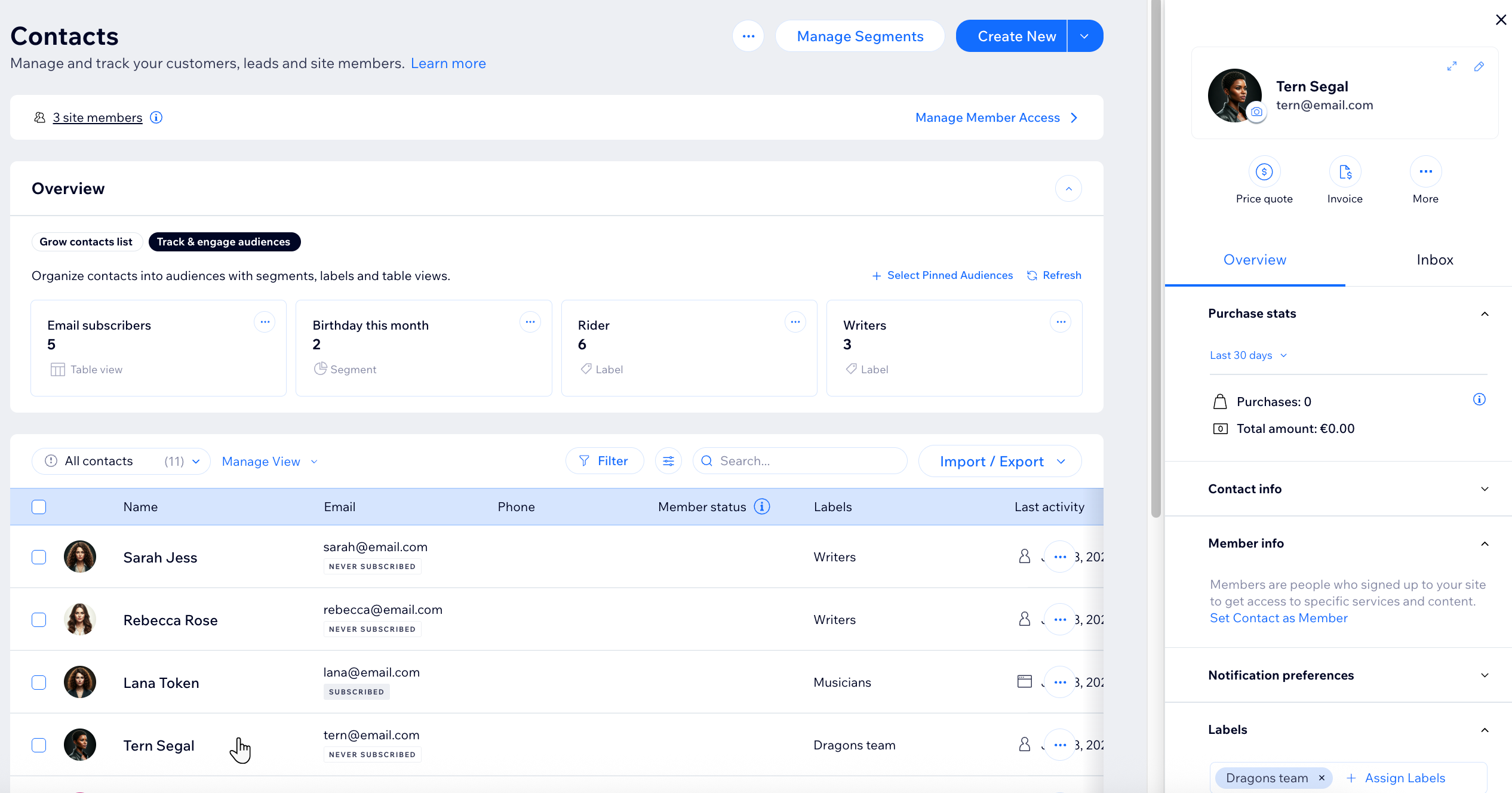 Uma captura de tela da página Visão geral de Contatos mostrando recursos para ajudar você a aumentar sua lista de contatos.