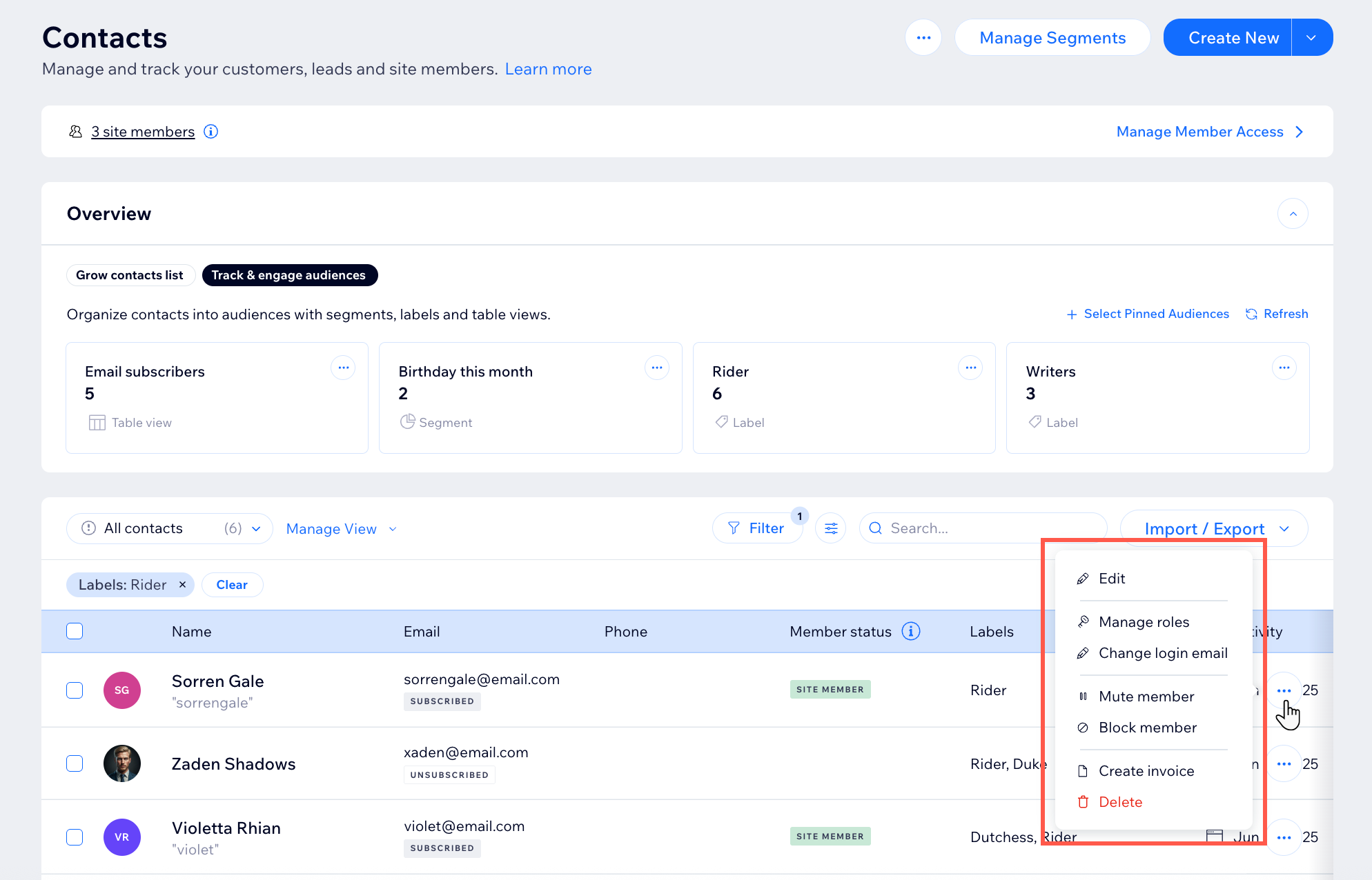 A screenshot of the site members actionable items in a Wix site