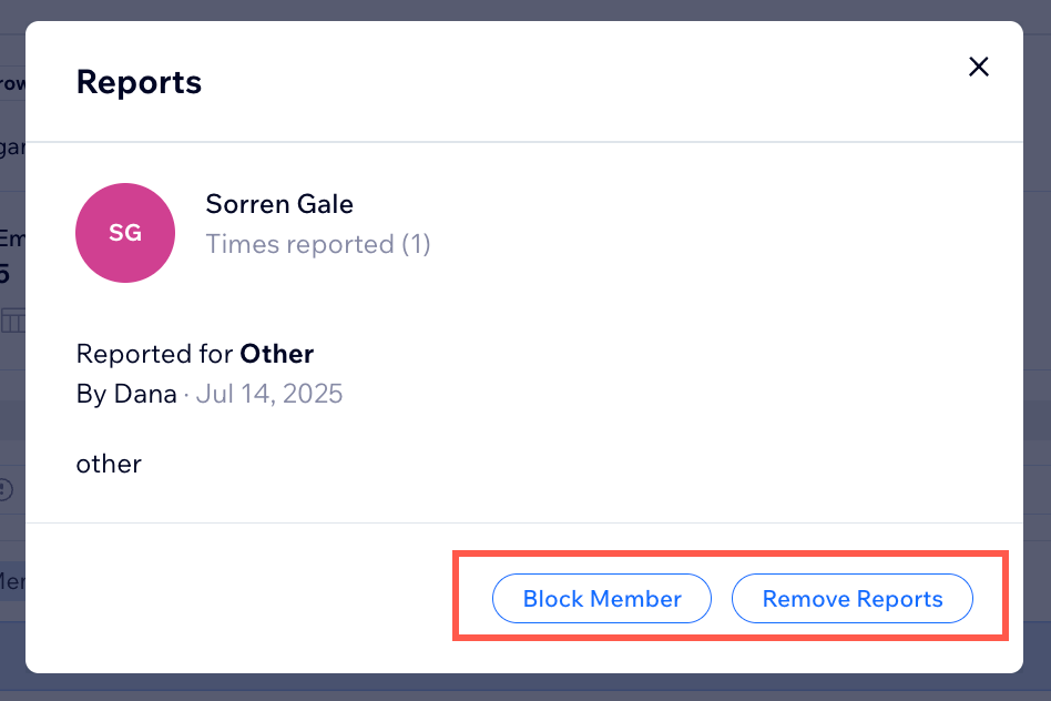 A screenshot of the report review pop up in a Wix site dashboard