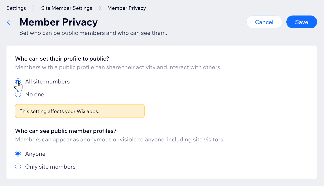 Captura de pantalla de los ajustes de privacidad de los miembros.