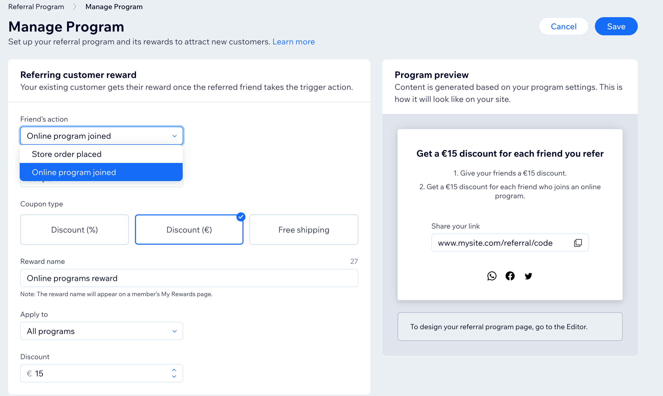 A screenshot of the Wix Loyalty Program