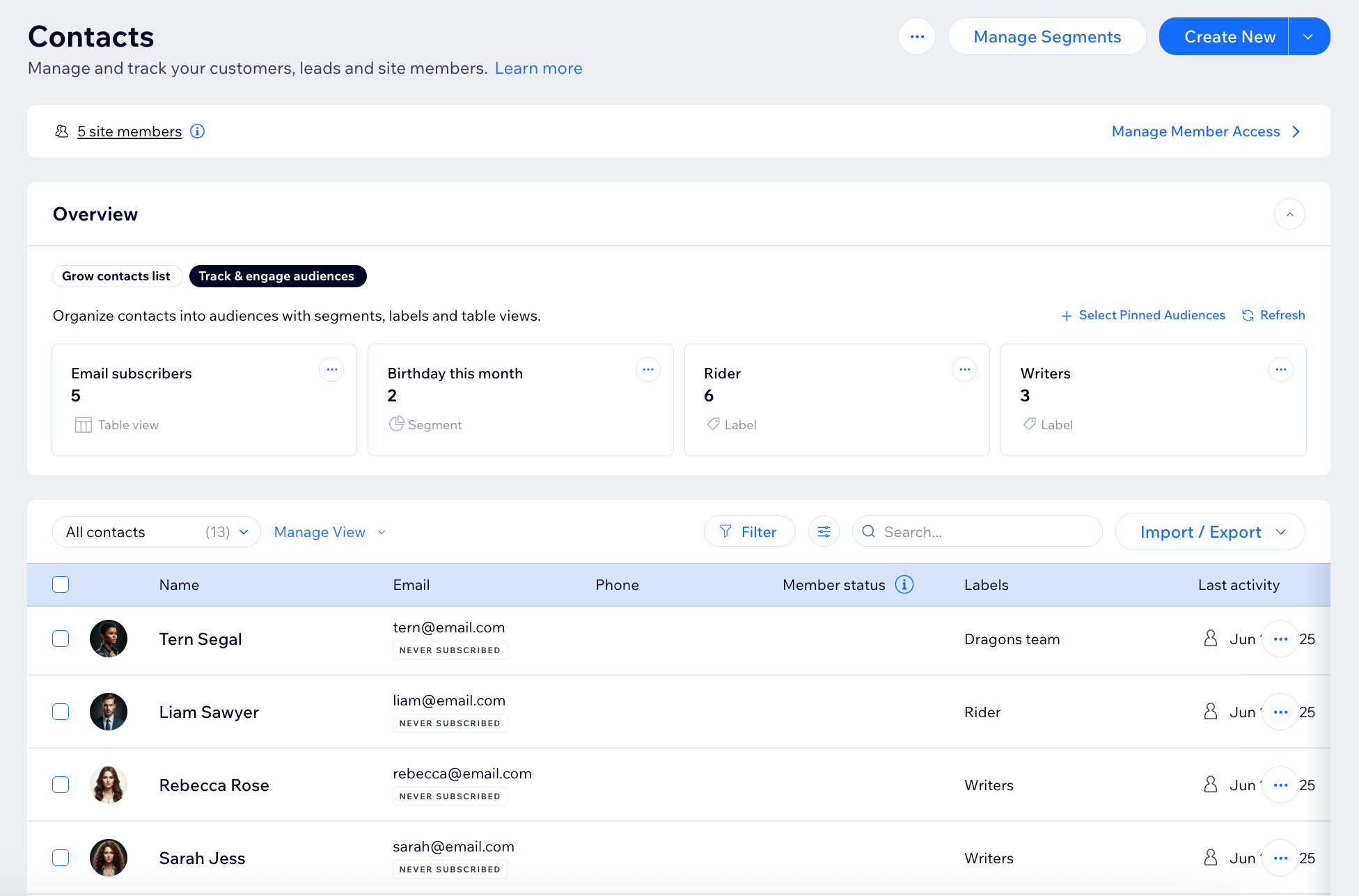 Screenshot des Tabs „Kontakte“ in einer Website-Verwaltung von Wix