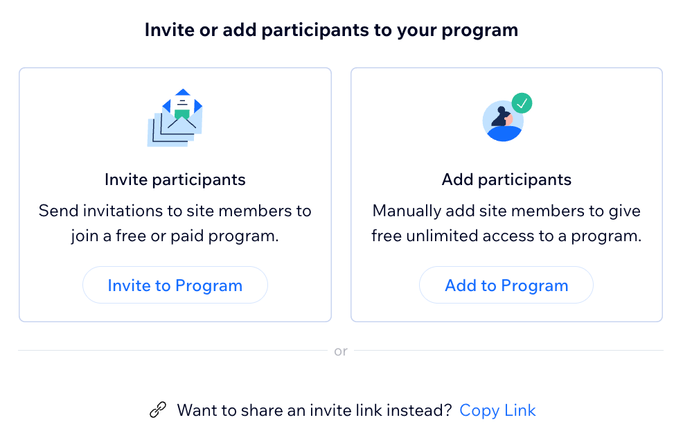 צילום מסך מהדאשבורד של אתר Wix, מהלשונית Online Programs (תוכניות אונליין), חלון הזמנת המשתתפים.