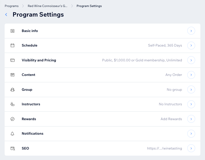 A screenshot of program settings