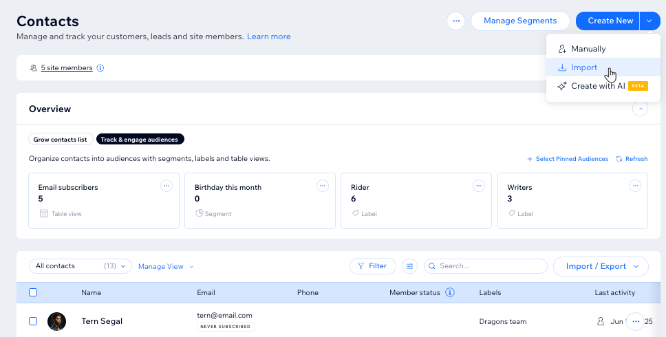 a screenshot of the contacts table when clicking import