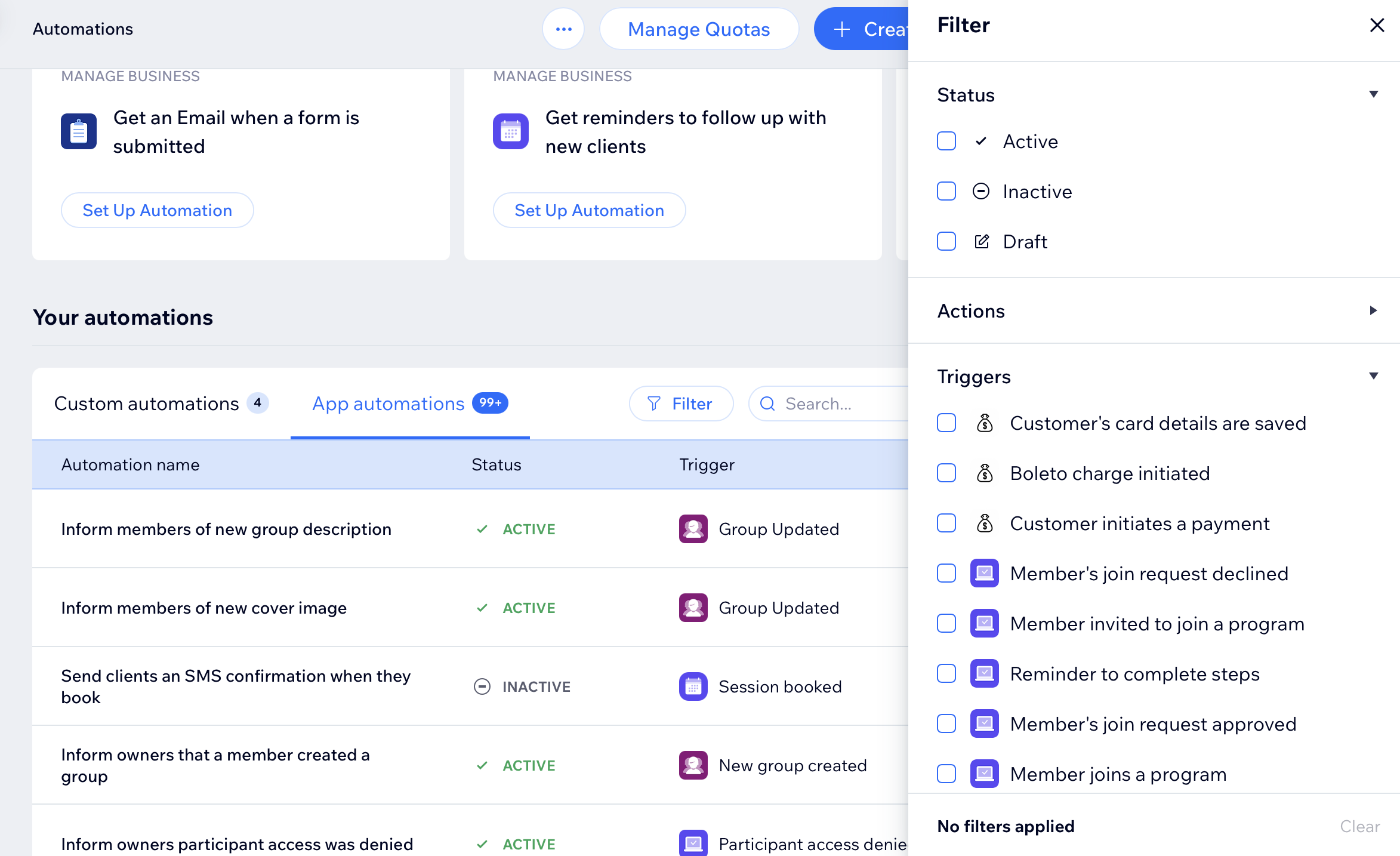 A screenshot of Wix automations in the site dashboard