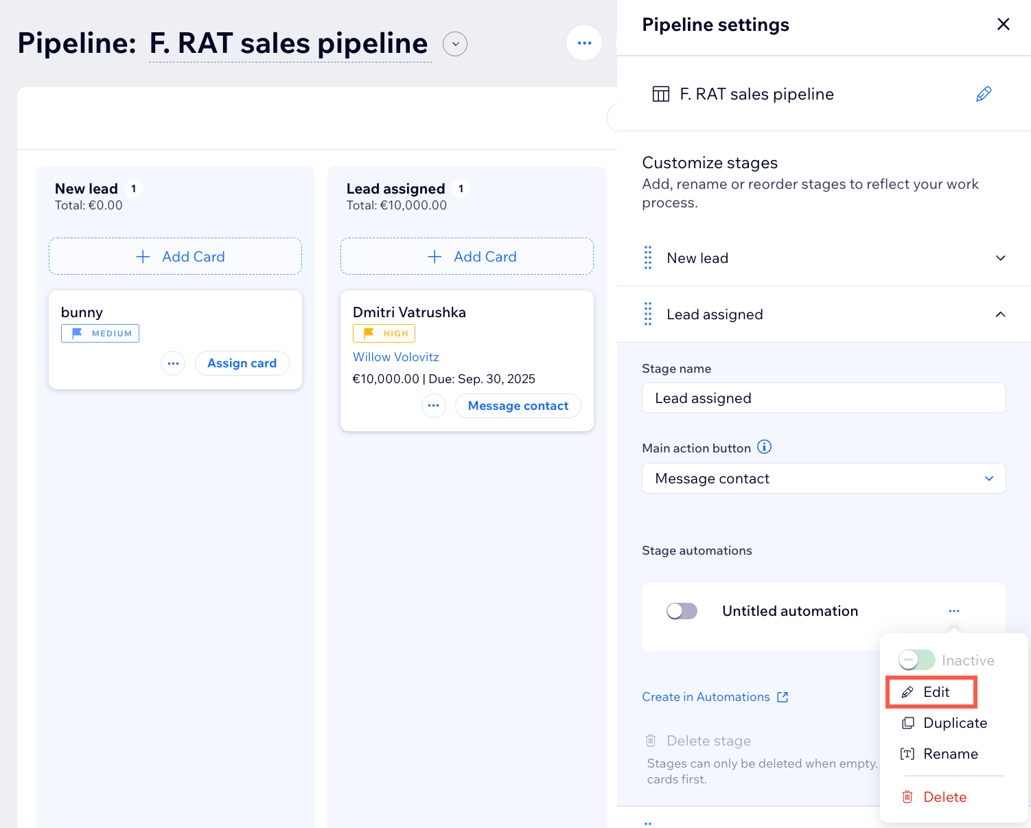a screenshot from the Wix site dashboard on the Pipelines tab