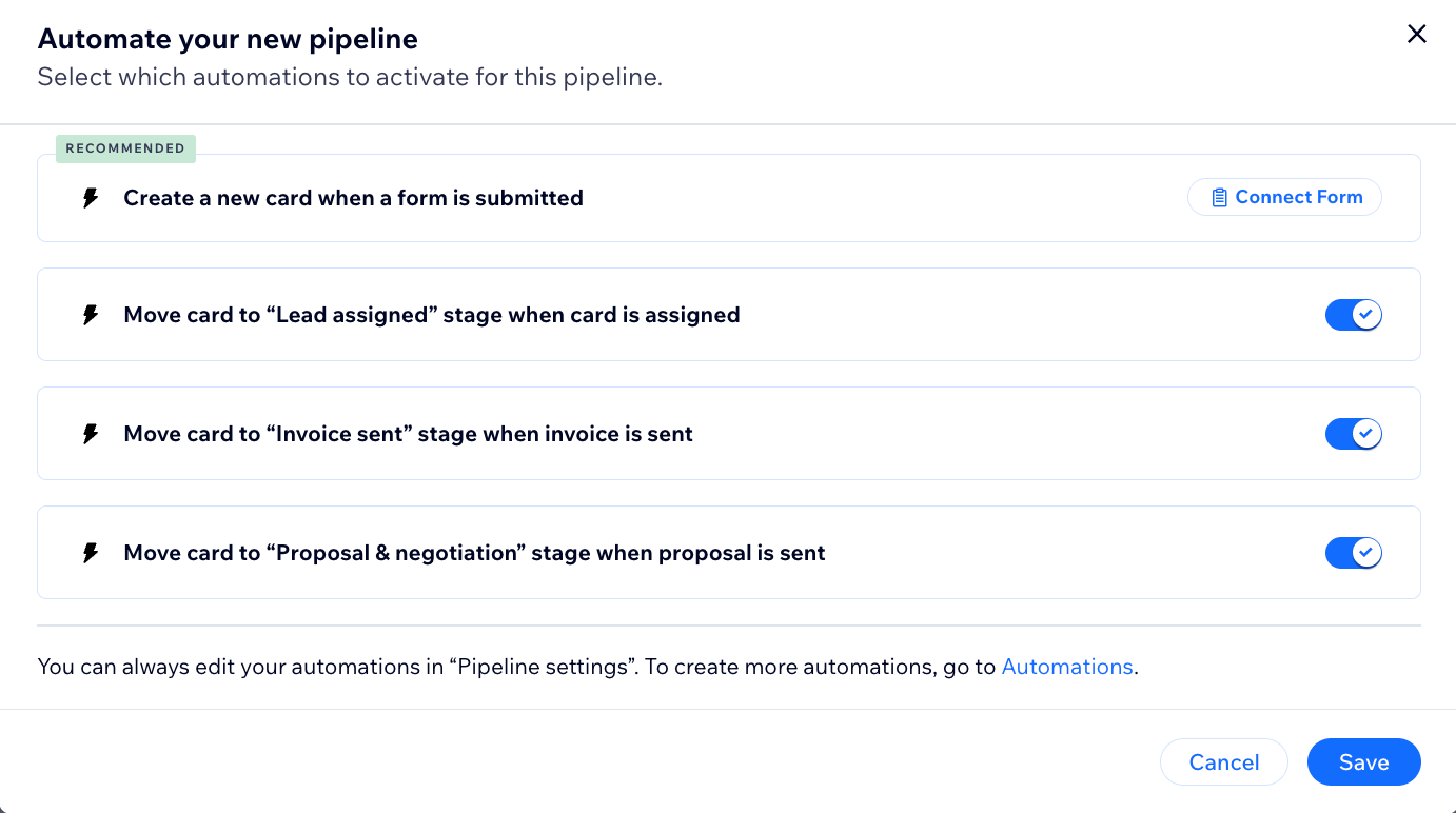 a screenshot from the Wix site dashboard on the Pipelines tab