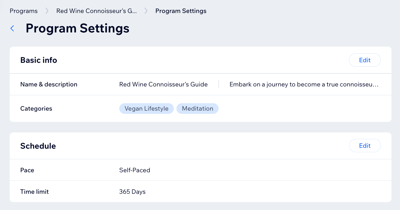 A screenshot of the Program Settings panel for Online Programs in a site's dashboard.