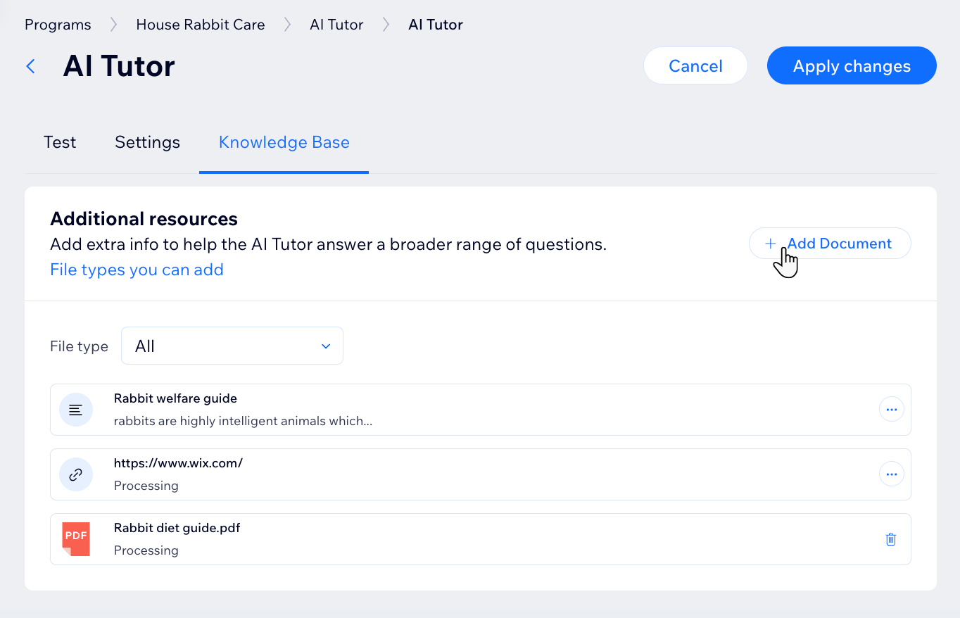 Een screenshot van de kennisbank voor de AI Leerhulp in het Wix-dashboard voor online programma's