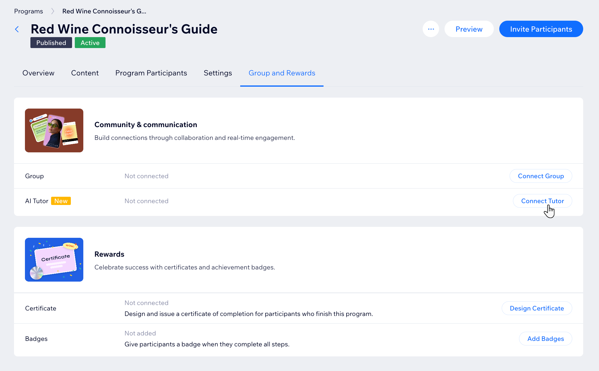 Wix オンラインプログラムダッシュボードで「AI 講師」ボタンが表示されたスクリーンショット。
