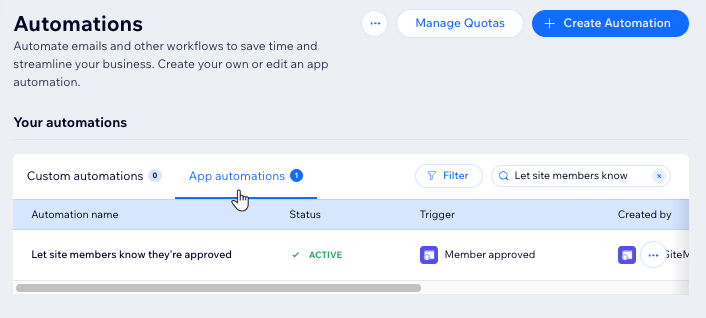A screenshot of the Installed for you Wix automations. The site members approval email is highlighted.
