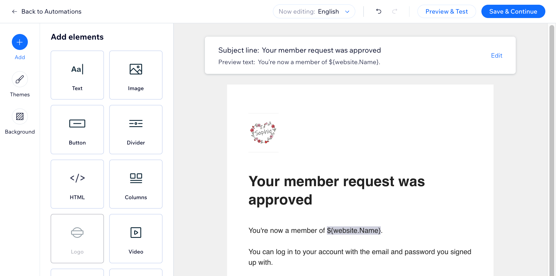 A screenshot showing the editing of an template for members area approval emails.