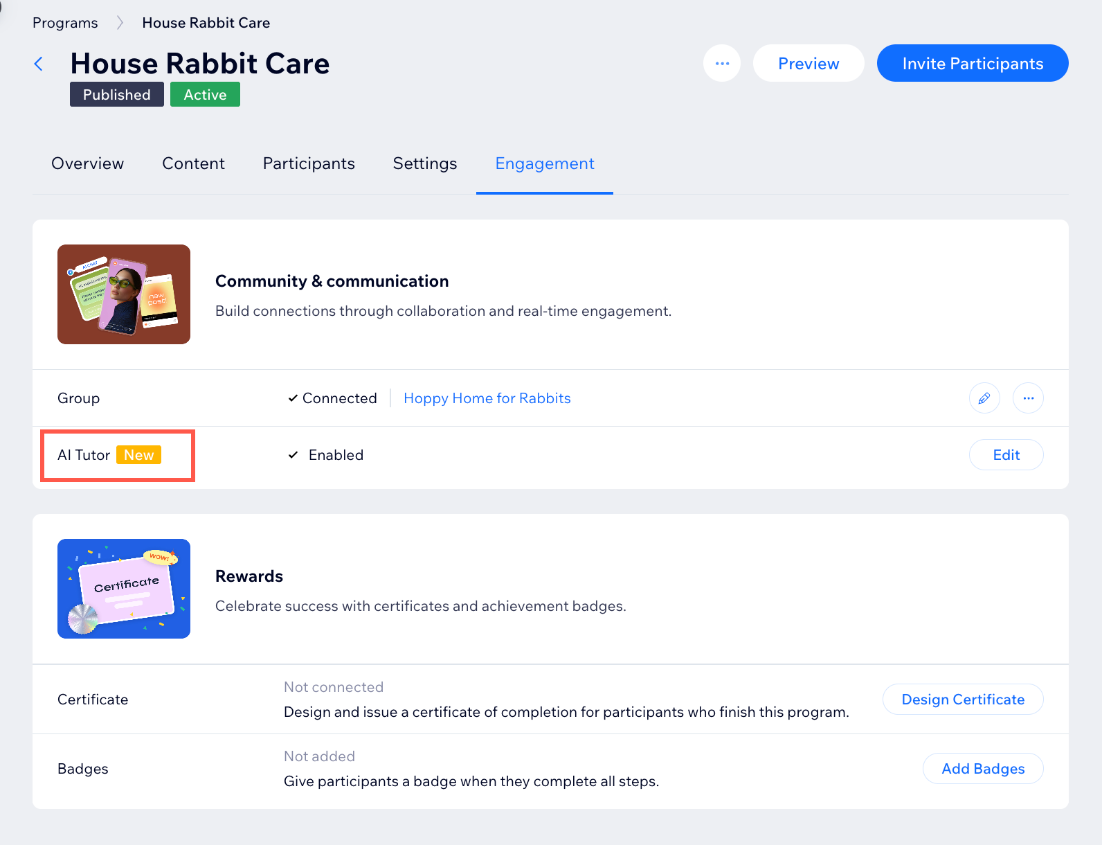 Een screenshot van de AI Leerhulp-knop op het Wix Online programma's-dashboard