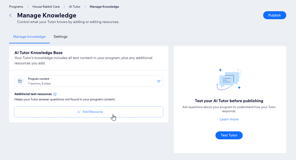 Screenshot della knowledge base del tutor AI nel Pannello di controllo dei Programmi Wix