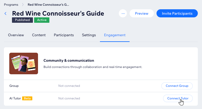 Screenshot del tasto del tutor AI nel Pannello di controllo dei Programmi Wix