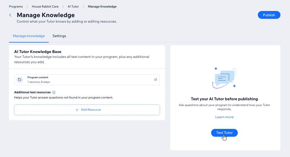 Screenshot della knowledge base del tutor AI nel Pannello di controllo dei Programmi Wix