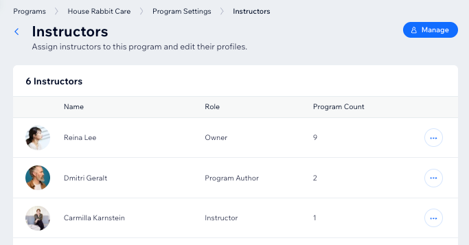 A screenshot of the instructors tab in online programs