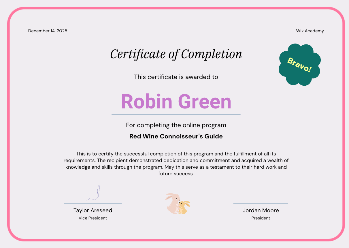 A screenshot of a sample certificate.