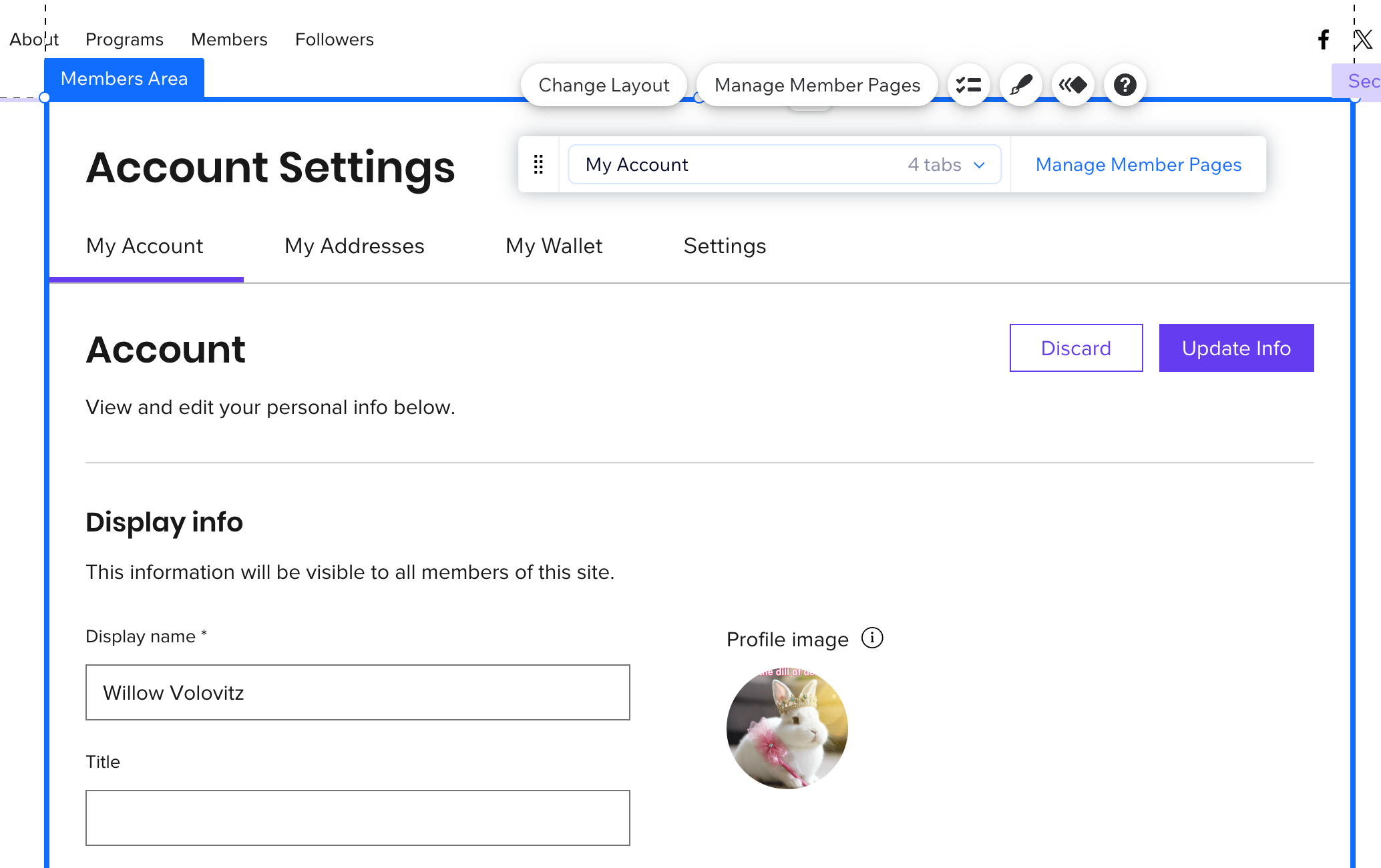 A screenshot of the account settings tab in the Wix Editor
