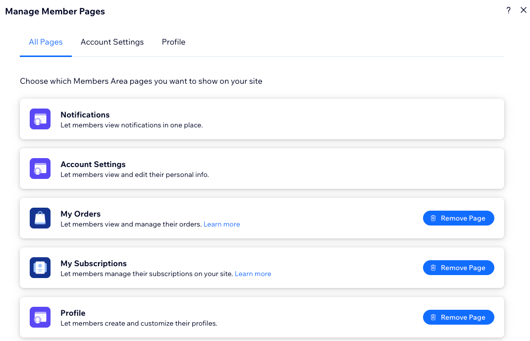 Captura de pantalla de las páginas de miembros en el Área personal de Wix.