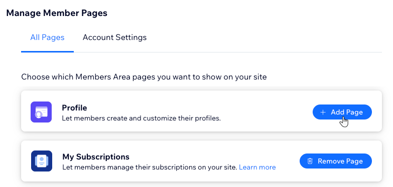 A screenshot of the Manage Member Pages panel in the Wix editor